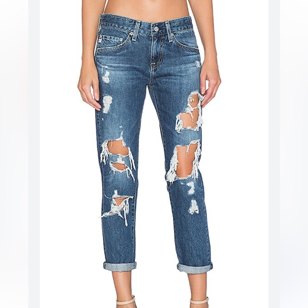 Ag Adriano Goldschmied Blue Distressed Boyfriend Jeans